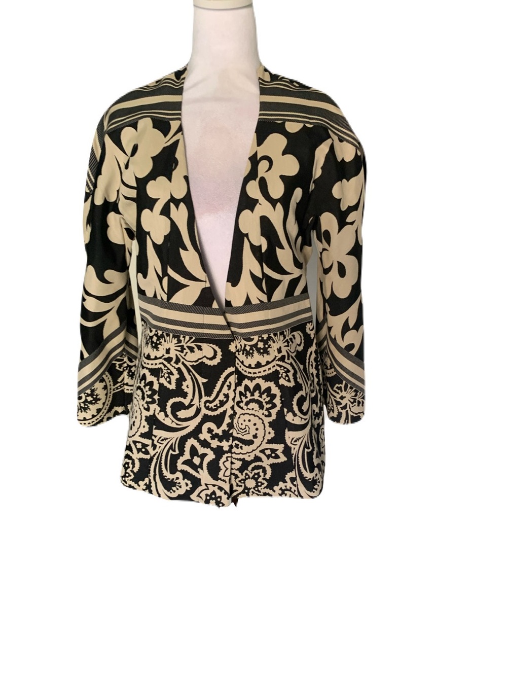Yeohlee New York Womens 12 Black Beige Floral Paisley Print Cotton Blend Jacket